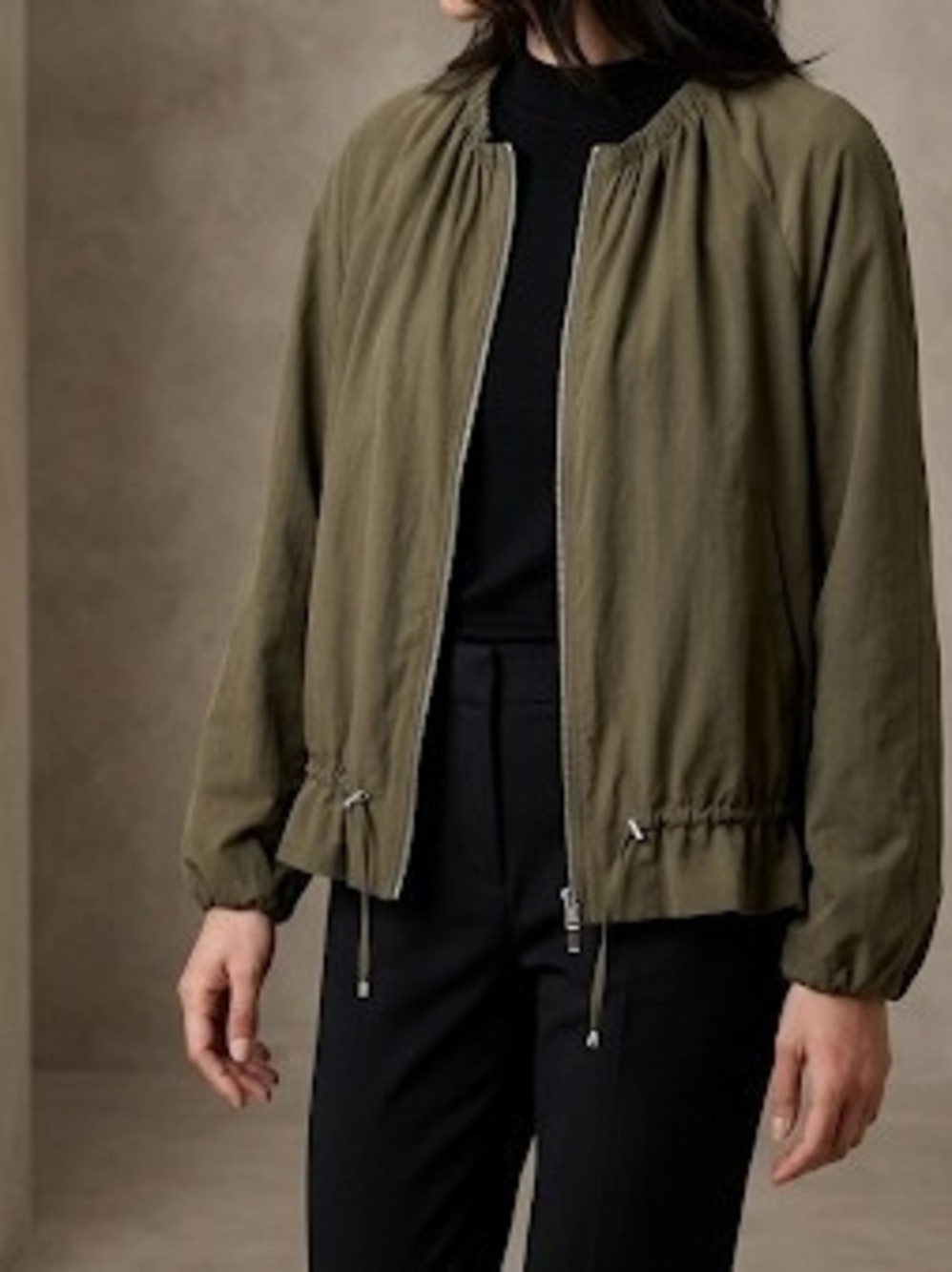 Zara Basic Olive Green Utility Bomber Jacket - Adjustable Hem - Size L